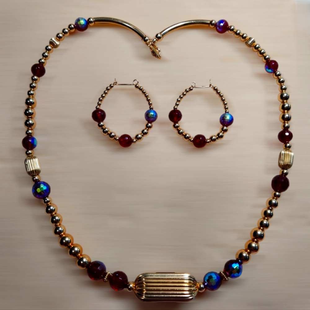 14kt Gold Filled Garnet Crystals 22" Beaded Necklace and Earrings Set - Picture 3 of 3